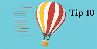 Blue background with text “Tip 10” and colorful flying hot air balloon with the APA Style logo
