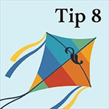 Blue background with text “Tip 8” and colorful flying kite with the APA Style logo