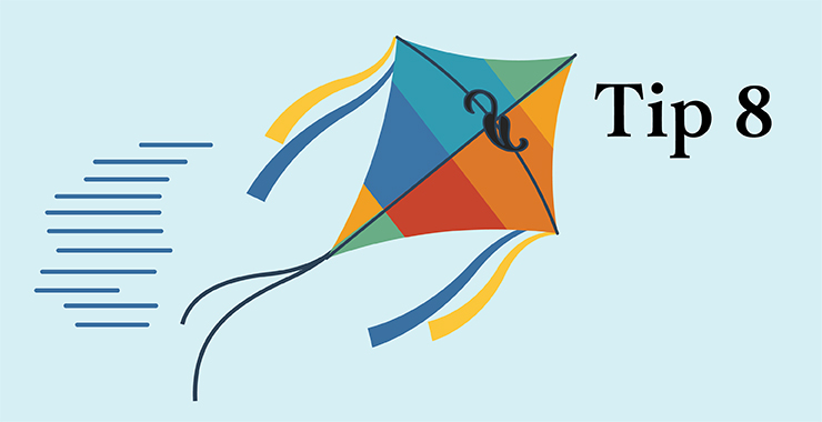 Blue background with text “Tip 8” and colorful flying kite with the APA Style logo