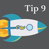 Illustration of a rocket with colorful trails and the text “Tip 9” on a dark gray background