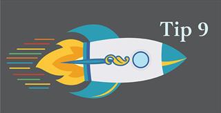 Illustration of a rocket with colorful trails and the text “Tip 9” on a dark gray background