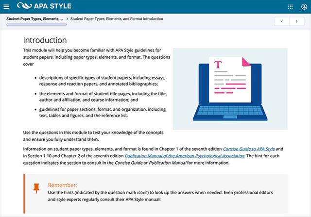 screen shot from Mastering APA Style Student Workbook demonstrating the introduction page for student papers