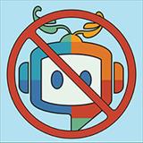 Colorful robot icon crossed out with question marks, symbolizing AI restrictions