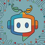 Colorful robot head with circuit board background and data nodes
