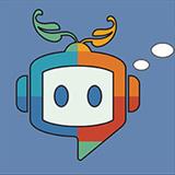 Colorful robot head with thought bubbles