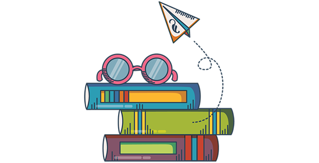 Colorful stacked books with glasses and a flying paper airplane with the APA Style logo
