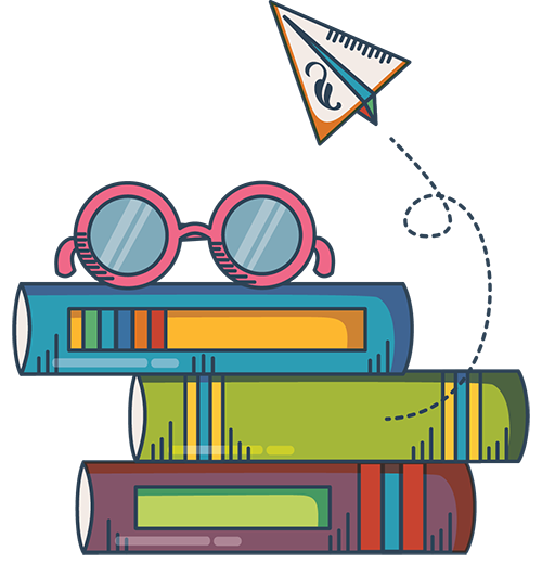 Colorful stacked books with glasses and a flying paper airplane with the APA Style logo