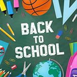 illustration of school-related items on a green chalkboard background with the words “Back to School”