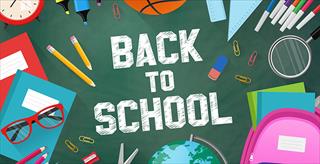 illustration of school-related items on a green chalkboard background with the words “Back to School”