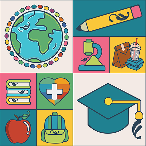 Colorful icons with the APA Style logo representing school supplies, learning, and health