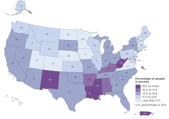 Map of the United States, with color gradients indicating percentage of people living in poverty.