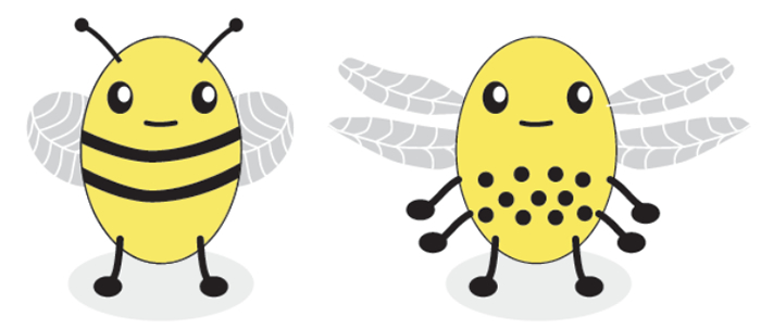 Two computer-generated cartoon bees, one with two legs, a striped body, single wings, and antennae, and the other with six legs, a spotted body, double wings, and no antennae. 