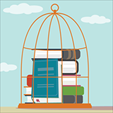 Books locked in cage with question marks