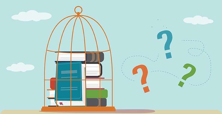 Books locked in cage with question marks