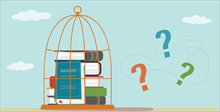 Books locked in cage with question marks