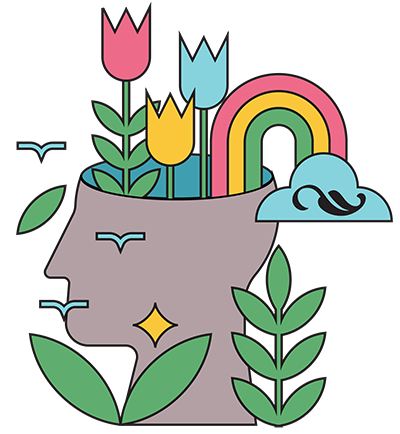 Stylized head with flowers, leaves, and rainbow with the APA Style logo in a blue cloud