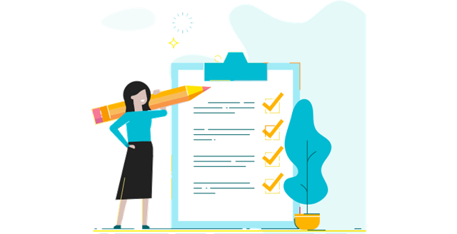 illustration of woman using a pencil to point to text on a clipboard