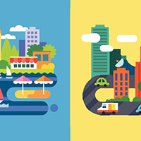 illustration of city buildings and transportation against blue and yellow background
