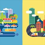 illustration of city buildings and transportation against blue and yellow background